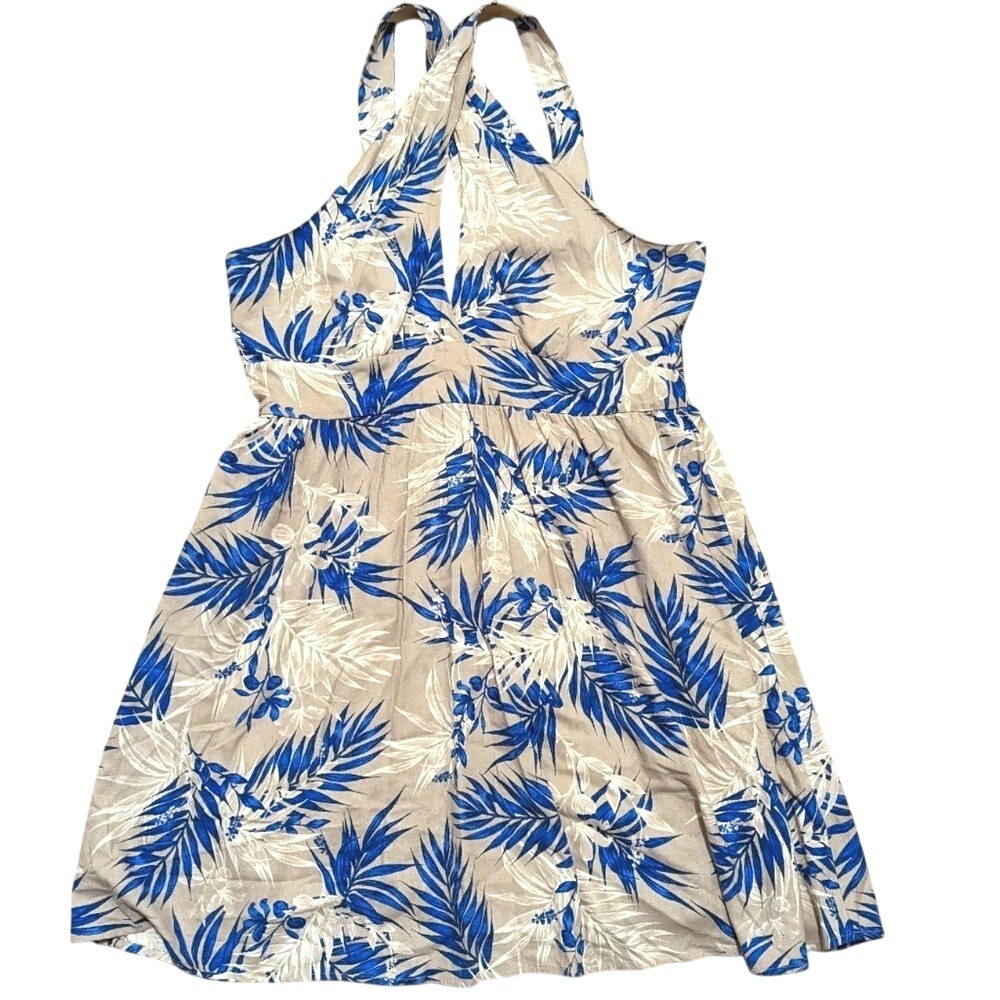 BCBGMAXAZRIA Dress Womens XL Linen Blend Criss Cross Halter Blue Tan Tropical